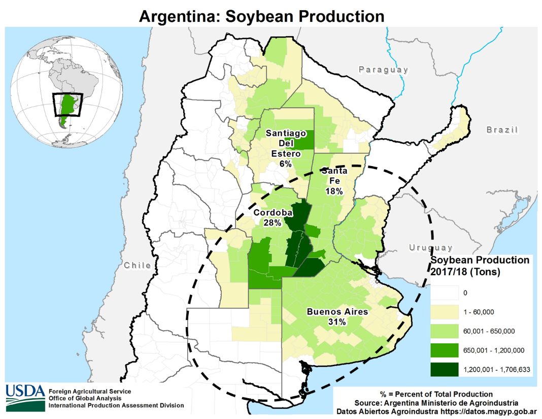图1 阿根廷大豆产区分布  数据来源:usda 中粮期货研究院阿根廷是全球